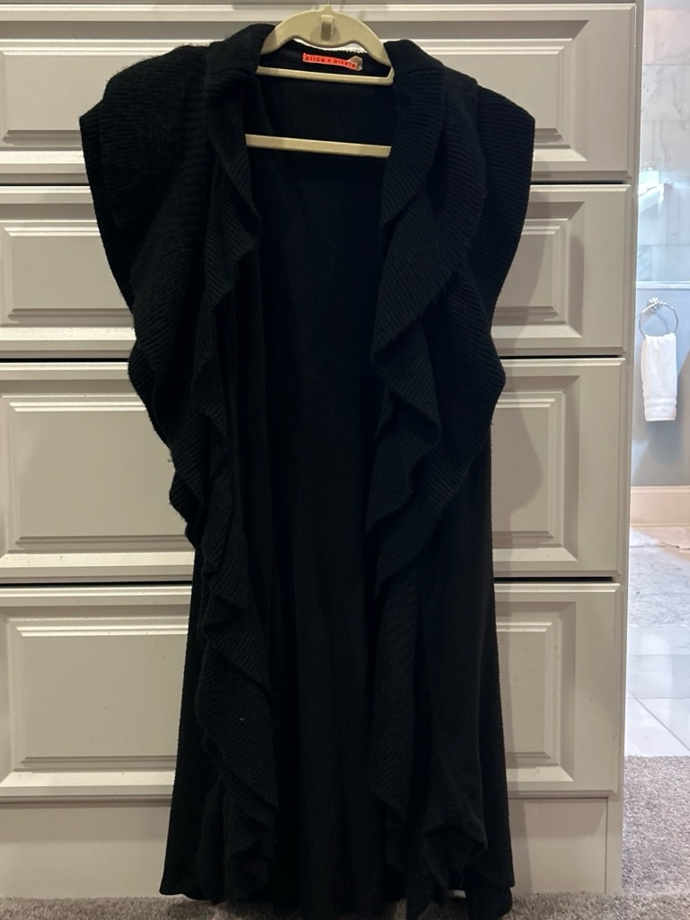Alice + Olivia Black Ruffled Open-Front Sweater Vest